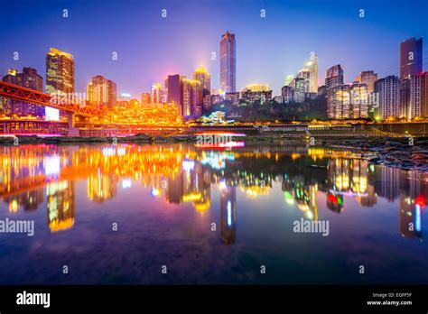 Chongqing China Riverside Cityscape At Night On The Jialing River