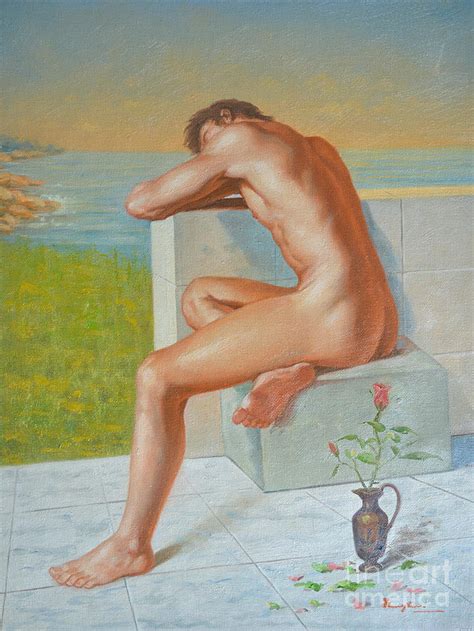 Original Classic Oil Painting Man Body Art Male Nude And Vase