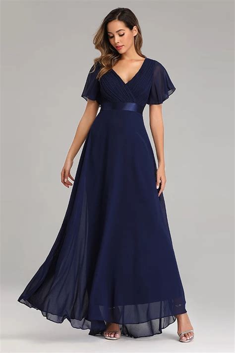 Flowy Chiffon Dark Navy Blue Prom Dresses V Neck Short Sleeve Long