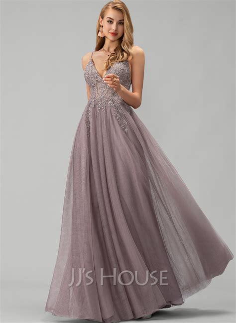 A Line V Neck Floor Length Tulle Prom Dresses With Lace Beading Sequins