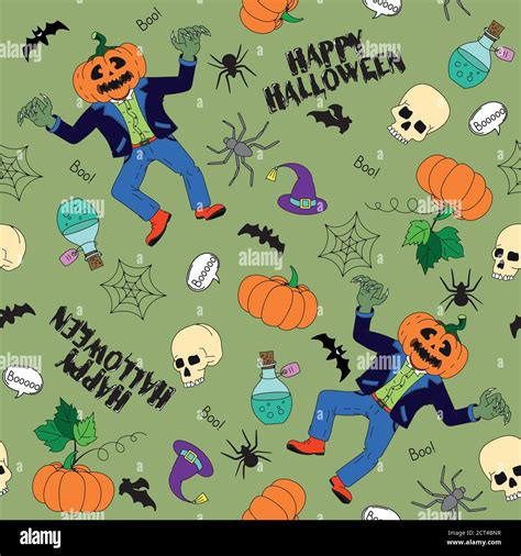 Vector Seamless Pattern For Halloween Pumpkin Ghost Bat Candy And