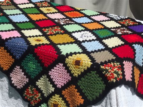 Retro Granny Squares Crochet Afghan Black And Bright Patchwork Blanket