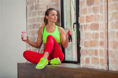Beautiful Young Girl Is Drinking A Fitness Smoothie Healthy Lifestyles Concept Stock Image