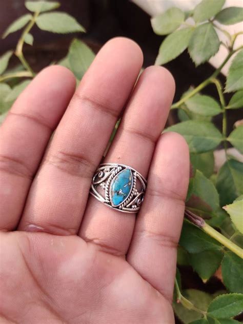 Blue Copper Turquoise Ring Sterling Silver Wide Band Ring Etsy India
