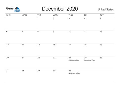 United States December 2020 Calendar With Holidays