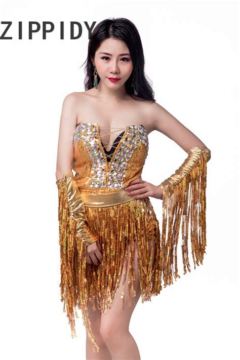 New Sexy Gold Bright Sequins Tassel Bandage Strapless Bodysuit Nightclub Female Singer Bar Ds