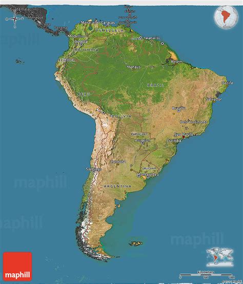 Satellite 3d Map Of South America Darken Desaturated Land Only