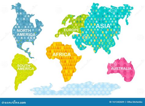 Imprimir Mapa Del Mundo Colorido Continentes Con Patrones A Ilustración