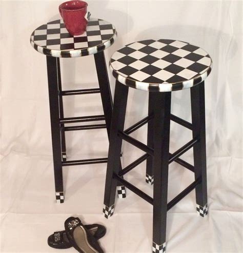 Whimsical Painted Round Top Bar Stool 29 Inch One 1 Stool Checkered