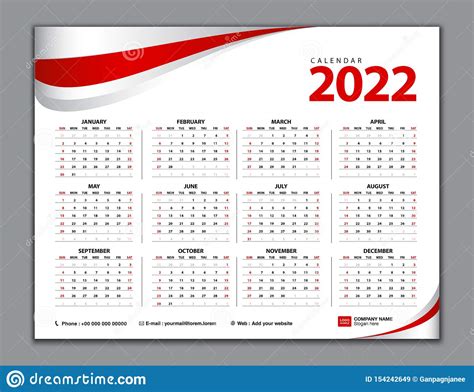 Calendar 2022 Simple Calendar Desk Week Starts From Sunday Set Of
