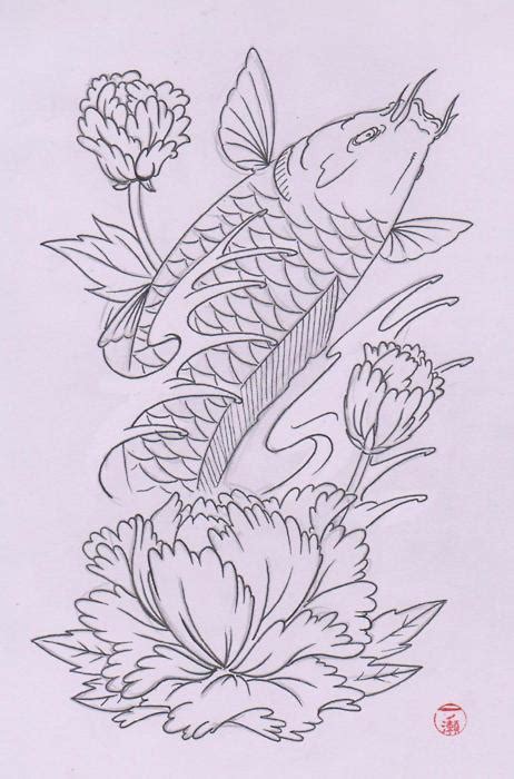 Koi Tattoo Pattern Drawing With Flower