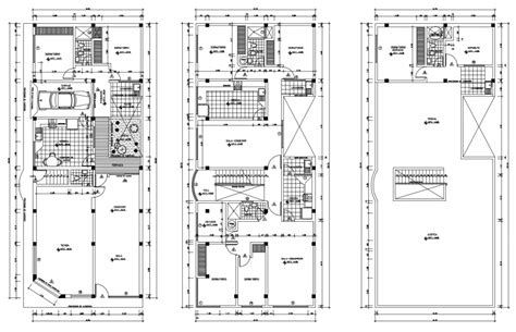 Ground Floor First Floor And Terrace Floor Plan Details Of House Dwg