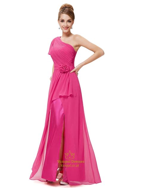 Hot Pink One Shoulder Ruffle Dress One Shoulder Prom Dresses With Slits Up The Side Vampal Dresses
