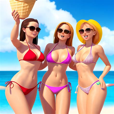 Three Women In Bikini Licking A Huge Icecream 3D Arthub Ai