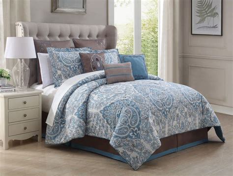 9 Piece Light Blue And Gray Paisley Print 100 Cotton King Size Comforter