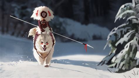 Wallpaper Digital Art Anime Snow Winter Wolf Spear Princess