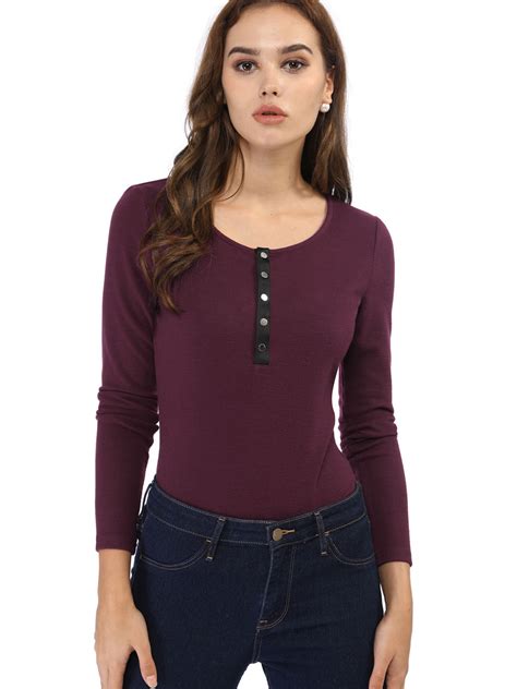 Unique Bargains Women Long Sleeve Henley Neck Button Knit Top