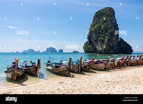Phra Nang Beach With Long Tail Boats Railay Krabi Thailand Stock