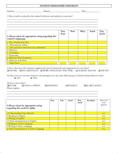 Behavior Checklist Template Hq Printable Documents