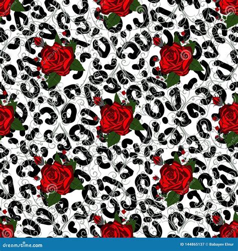 Seamless Pattern With Leopard Print And Red Roses Vector Background