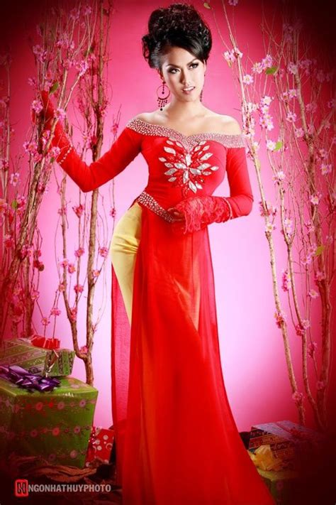 Red Ao Dai Ao Dai Lotus Tulle Party Dress Famous Dress Vietnamese Traditional Dress