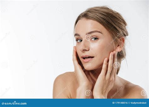 Beauty Portrait Of Young Blonde Half Naked Woman Touching Her Face