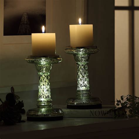 78” Illuminated Led Candle Holders With Timer Mode Set Of 2 Mercury Glass Pillar Candle Holder