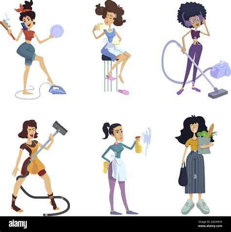 Housewives Flat Cartoon Vector Illustrations Kit Women Doing Domestic