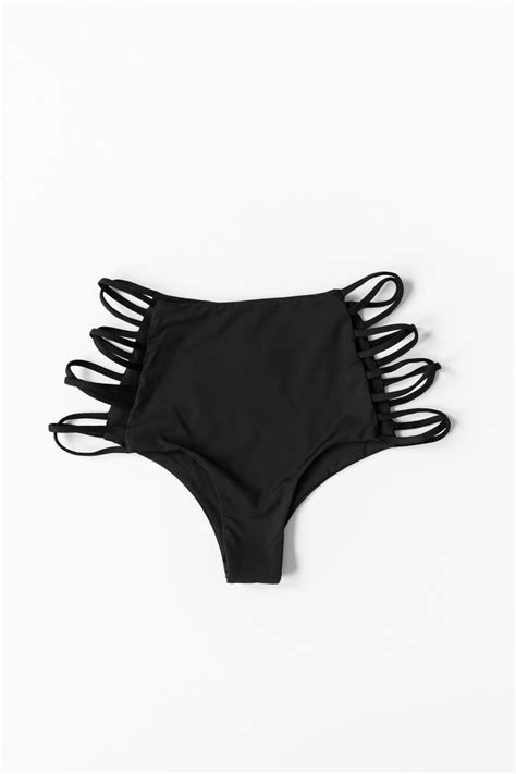 Black Seamless High Waist Bikini Bottoms With A Cheeky Fit And Strappy