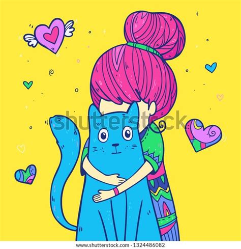 Vector Illustration Cute Girl Hugging Cat Stock Vector Royalty Free