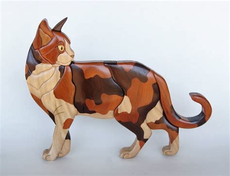 Calico Cat Intarsia Wall Hanging Wood Carving Wooden Kitten