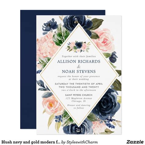 Blush Navy And Gold Modern Floral Elegant Invitation Zazzle
