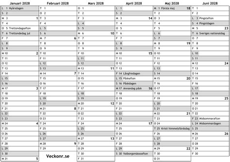 Kalender För 2028 Med Helgdagar Och Veckonummer Online Almanacka Med