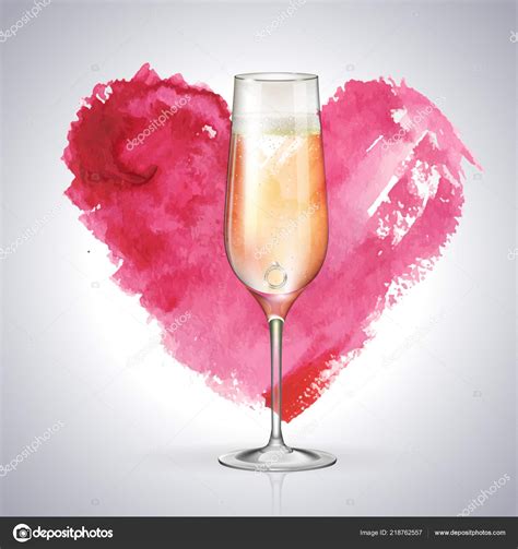 Realistic Vector Illustration Champagne Glass Watercolor Love Heart Background Stock Vector