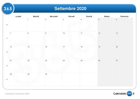 Calendario Settembre 2020