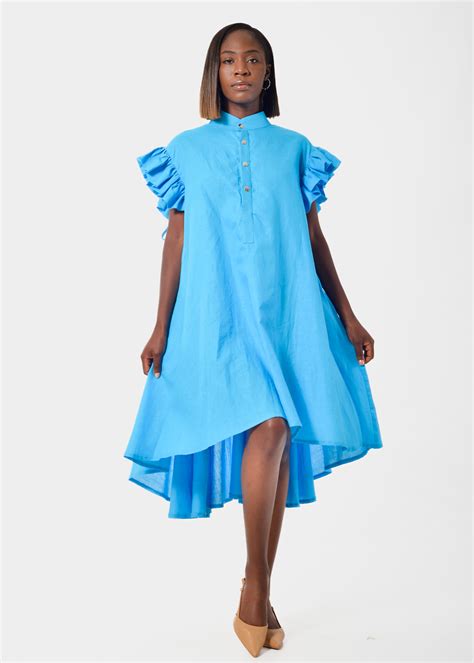 Amelia Wearhouse Button Up Linen Dress Blue Rightland