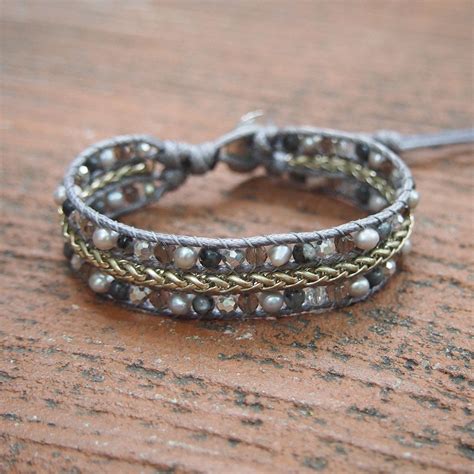 gray-mix-seed-beaded-single-wrap-bracelet-with-chain-on-gray-cotton-cord,-layer-bracelet,-beaded