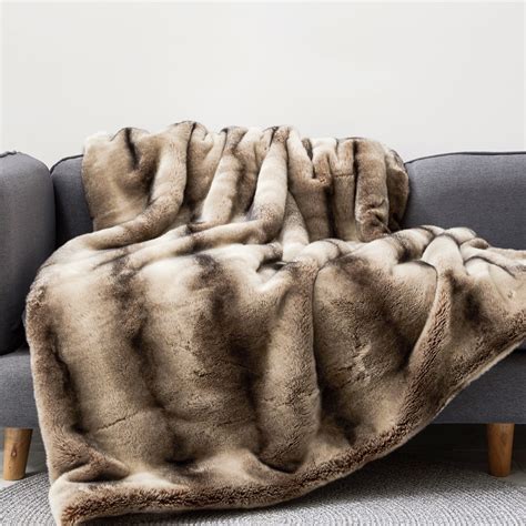 Tan Chinchilla Stripe Faux Fur Oversized Throw Reversible Blanket Extra