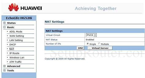 Huawei EchoLife HG520i Screenshot NAT Settings