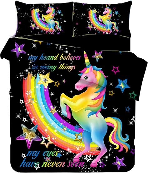 Rainbow Unicorn Bedding With Sparkling Stars Black Purple