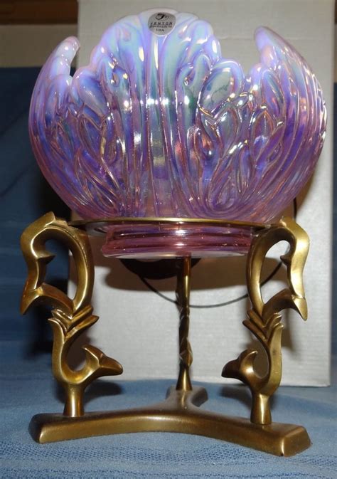Details About Fenton Votive Rose Bowl Vase Pink Opalescent Carnival Glass Brass Stand Vtg Mib