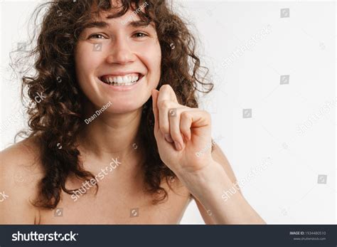 Halfnaked Curly Woman Smiling Looking Camera Stock Photo