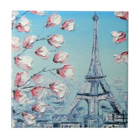 Ris Spring Painting Eiffel Tower Cherry Blossoms Tile Zazzle