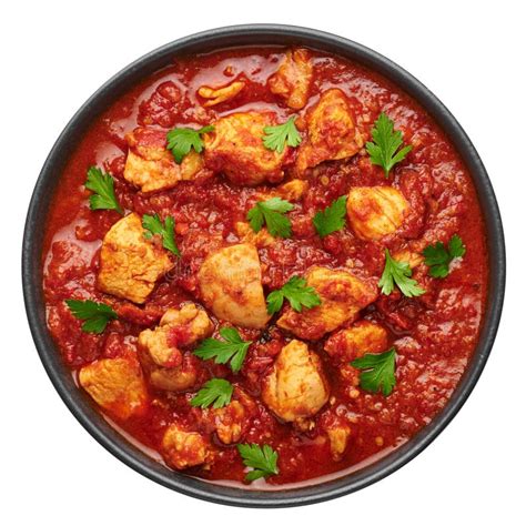 Chicken Madras Curry In Black Bowl Isolated On White Indian Cuisine