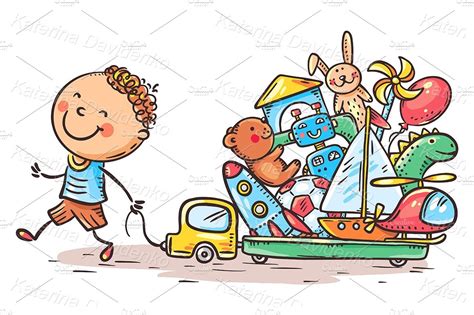 Cartoon Boy With A Lot Of Toys Education Illustrations ~ Creative Market