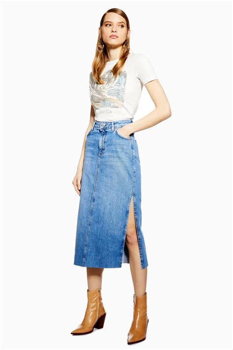 Topshop Petite Side Split Denim Midi Skirt In Mid Stone Blue Save