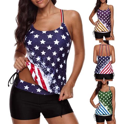 Seabbot Plus Size Women Bikini Set Swimwear American Flag Print Padded