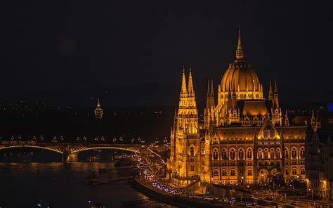 Budapest Parliament Building Landmark Night Danube River Bridges