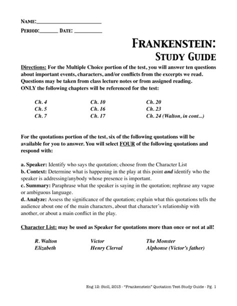 Frankenstein Test Study Guide