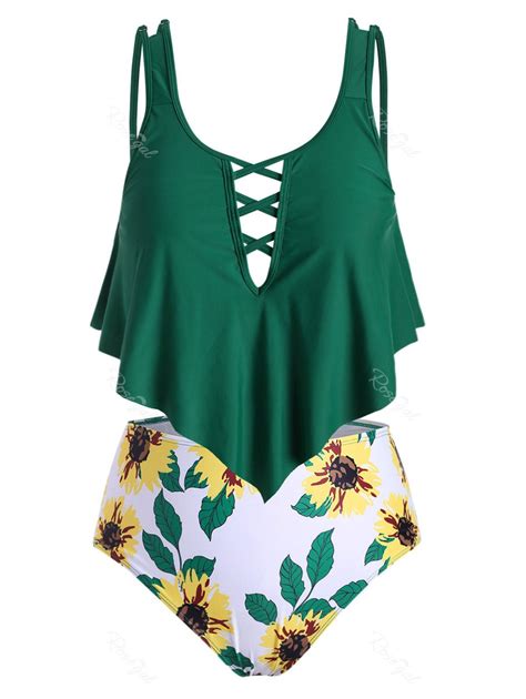 Plus Size Sunflower Print Crisscross Ruffle Tankini Swimsuit 25 Off